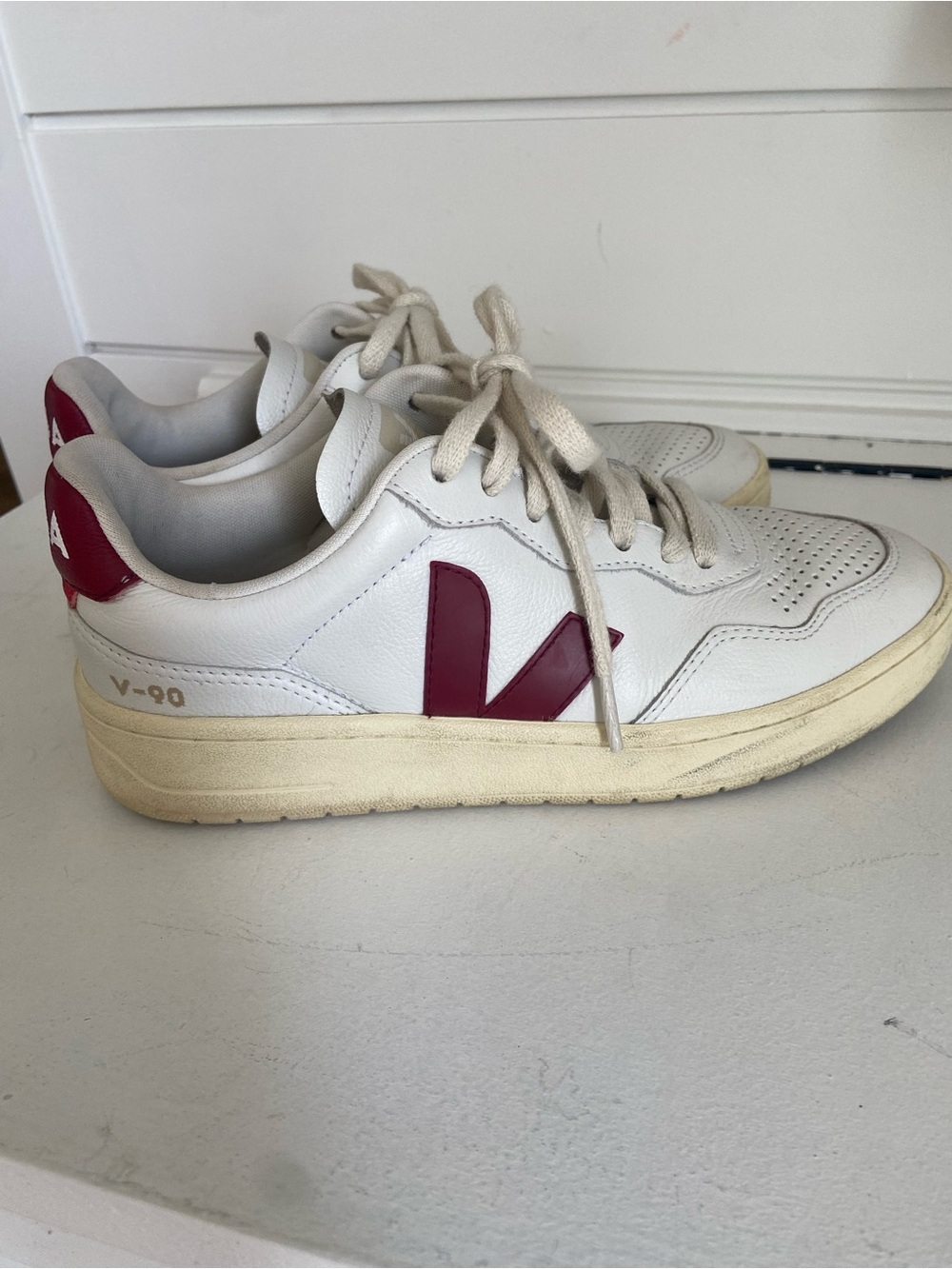 Veja V-90 Sneakers in White and Burgundy